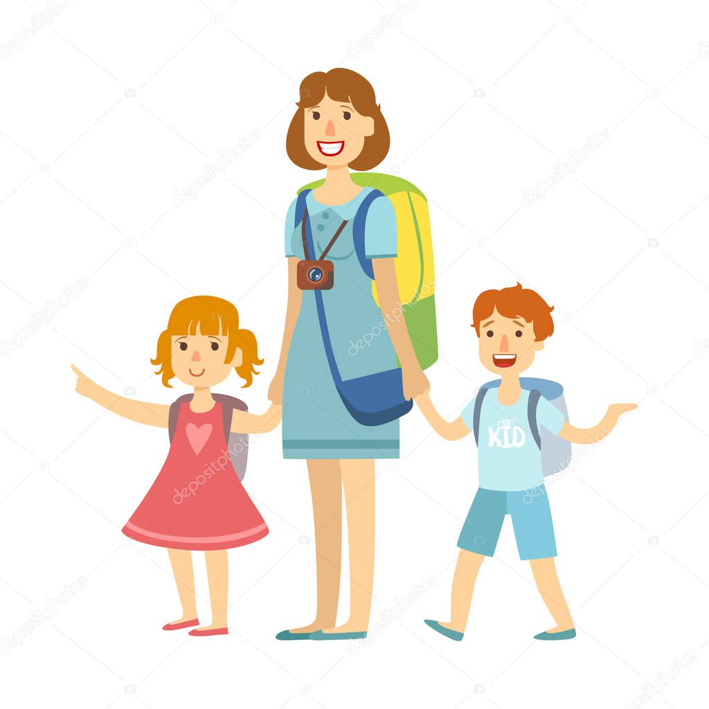 Mother with her children going for summer vacations. Colorful cartoon character