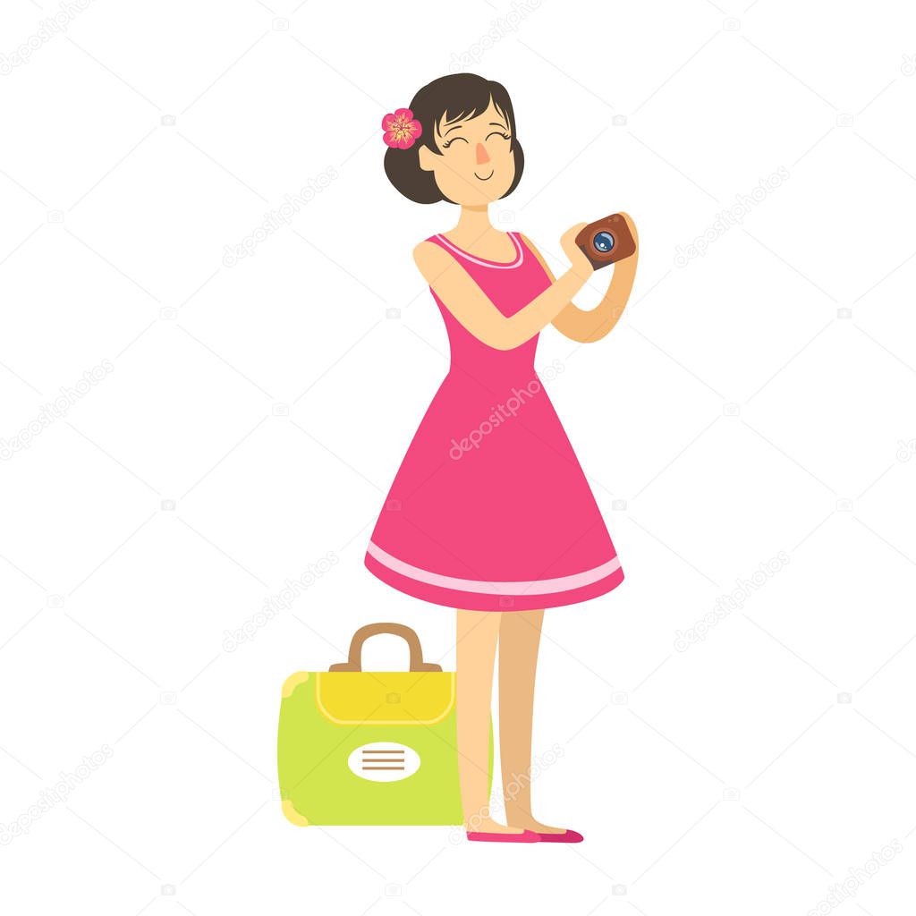 Young woman with suitcase wearing in a pink dress and holding camera in her hands. Colorful cartoon character