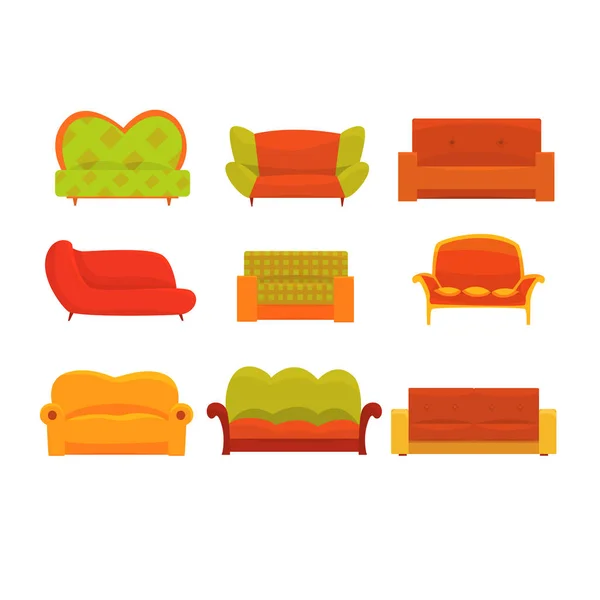 Soffor och fåtöljer, inre element. Bekväm soffa uppsättning färgglada detaljerad vektor illustrationer — Stock vektor