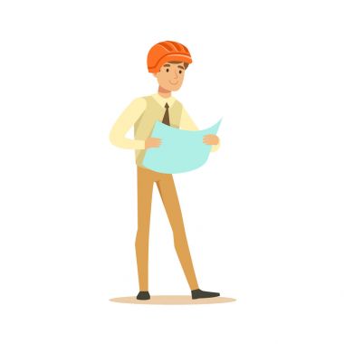 Holding ve plan, renkli karakter vektör çizimi gözden geçirme turuncu kask içinde gülümseyen mimar