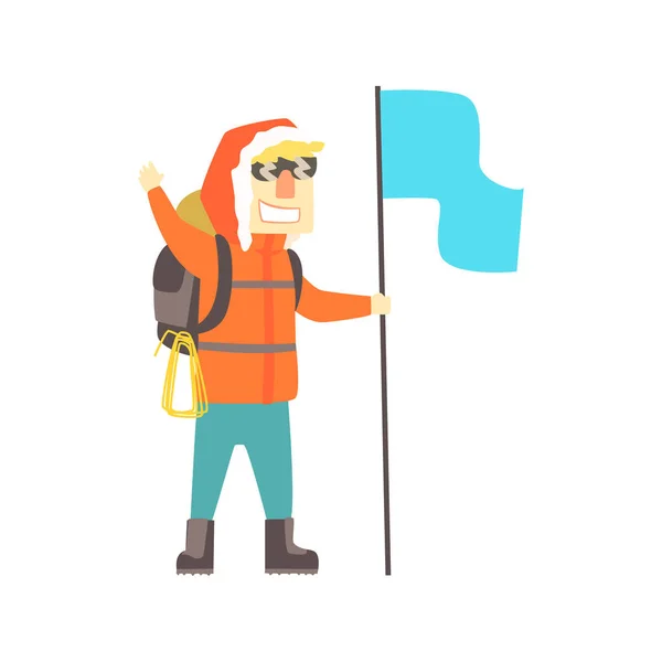 Homme grimpeur souriant en lunettes de soleil avec sac à dos et drapeau bleu, vecteur de caractères colorés Illustration — Image vectorielle