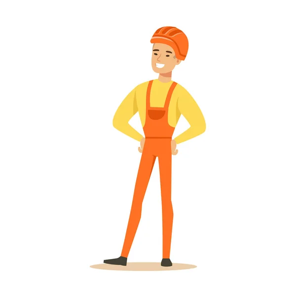 Travailleur de la construction souriant portant un casque orange et des vêtements de travail debout, vecteur de caractère coloré Illustration — Image vectorielle