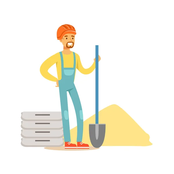 Trabalhador da construção usando capacete laranja e roupas de trabalho em pé com pá, vetor de caráter colorido Ilustração —  Vetores de Stock