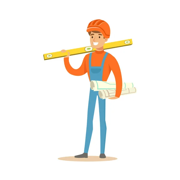 Ingeniero sonriente en casco de seguridad naranja de pie y la celebración de proyectos planos rollos y regla, vector de carácter colorido Ilustración — Vector de stock