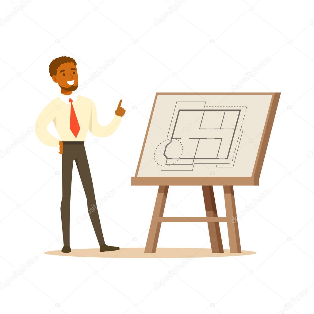Young smiling architect showing his project blueprint on an easel, colorful character vector Illustration