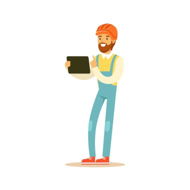 Genç gülümseyen mühendisi olarak duran ve proje, renkli karakter vektör çizim tabletiyle tutan turuncu güvenlik kask