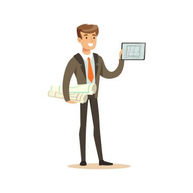 Genç gülümseyen mimar ayakta tutan planları rulo projeleri ve onun projesi, renkli karakter vektör çizim tabletiyle