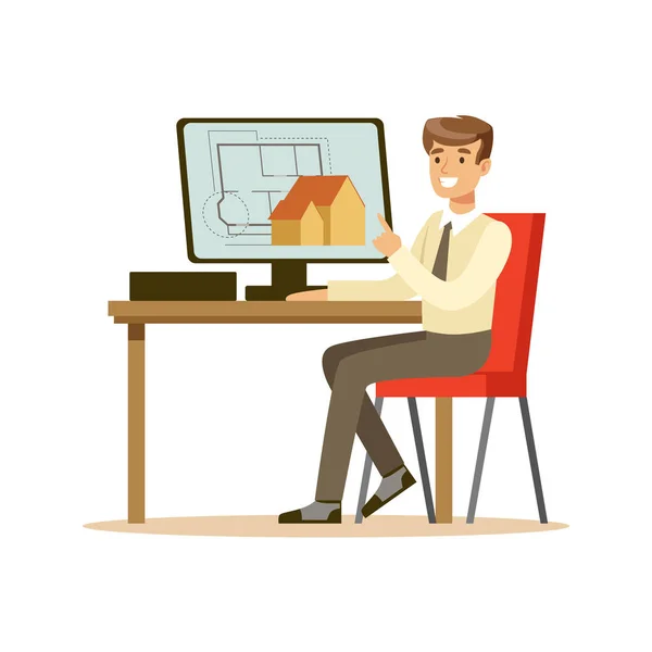 Jovem arquiteto sorrindo trabalhando em seu projeto usando computador, colorido personagem vetor Ilustração — Vetor de Stock