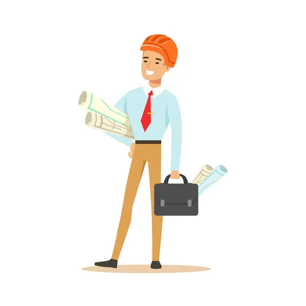 Smiling architect standing and holding project blueprint and briefcase, colorful character vector Illustration - Stok Vektor
