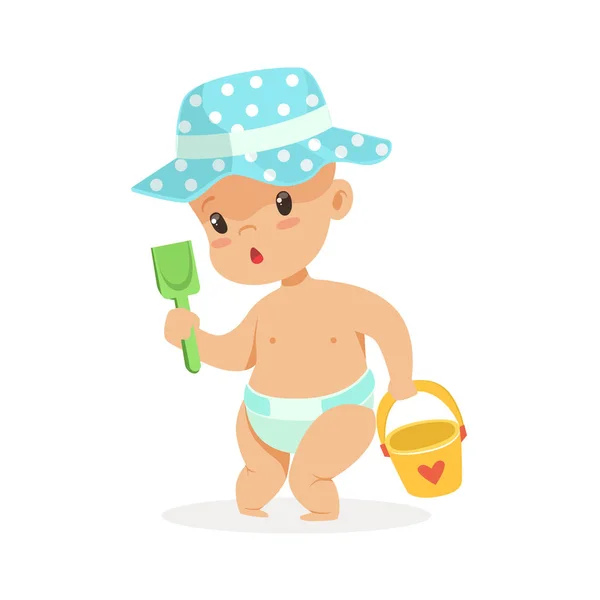 Cute baby in a diaper playing with toy bucket and shovel, colorful cartoon character vector Illustration — Stock Vector