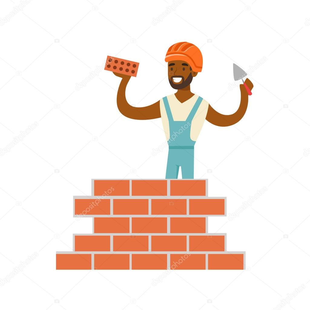 Smiling worker building a brick wall, colorful character vector Illustration