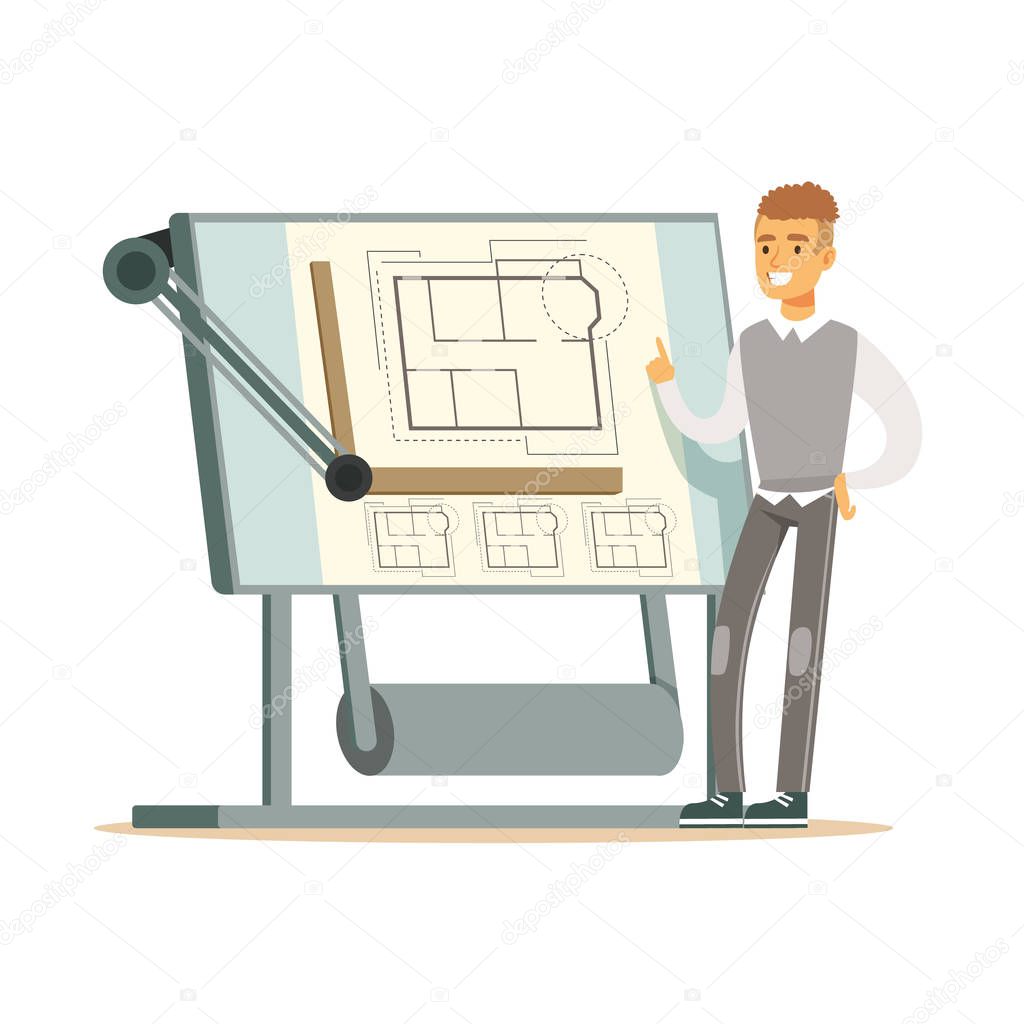 Young smiling architect showing his project blueprint on a drawing board, colorful character vector Illustration