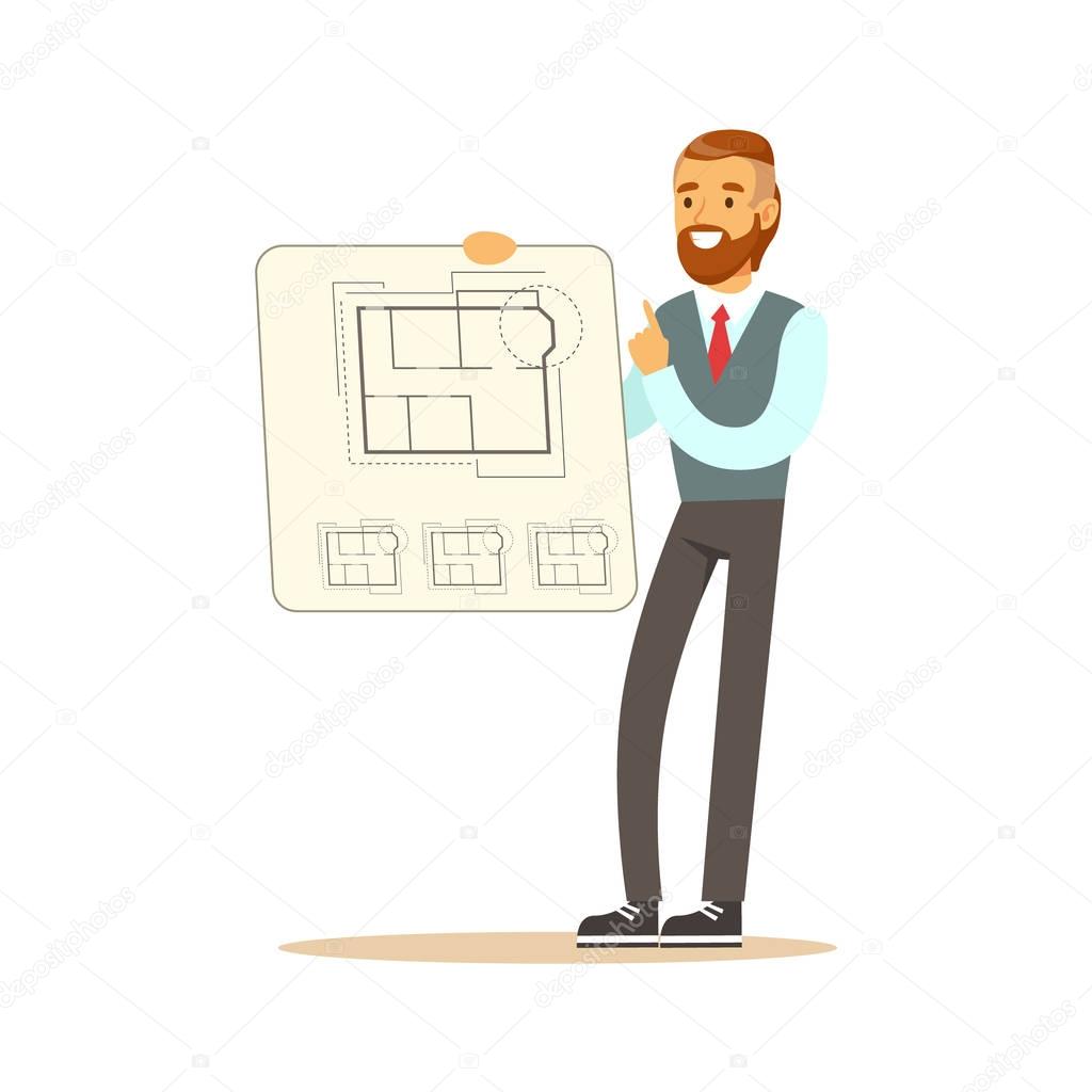 Young architect showing his project blueprint on a paper, colorful character vector Illustration