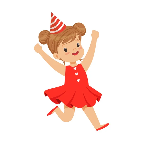 Feliz niña sonriente con un vestido rojo y sombrero de fiesta saltando. Fiesta de cumpleaños de los niños colorido personaje de dibujos animados vector Ilustración — Archivo Imágenes Vectoriales