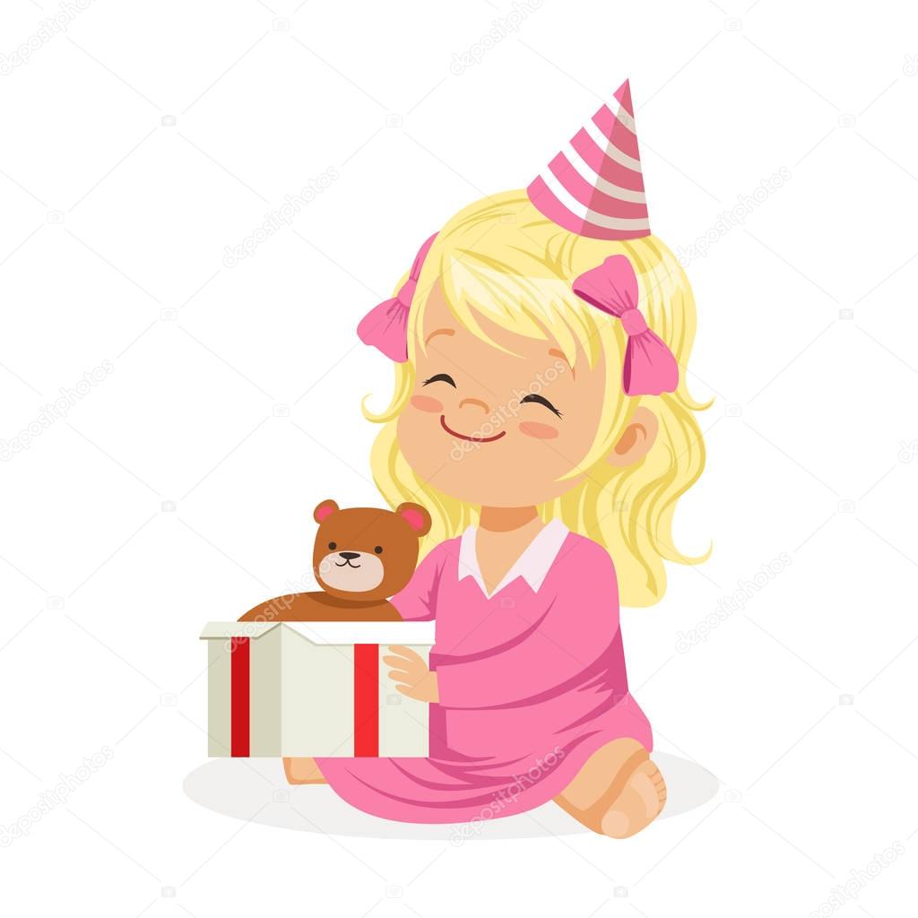 Cute smiling baby girl wearing a pink party hat sitting with gift box. Kids birthday party colorful cartoon character vector Illustratio