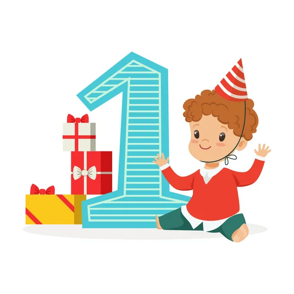 Glücklicher kleiner Junge feiert seinen ersten Geburtstag. Kinder Geburtstagsparty bunte Cartoon-Figur Vektor Illustration — Stockvektor