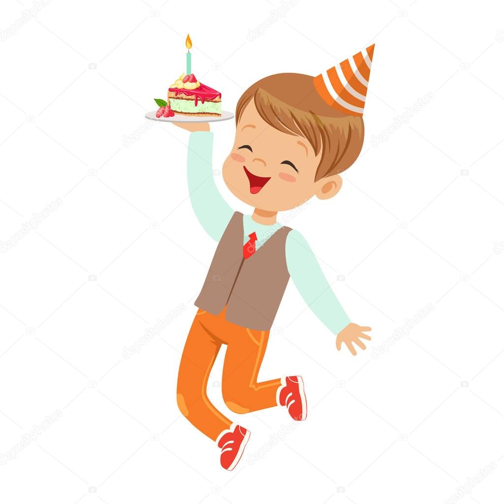 Adorable little boy in elegant clothes and red party hat having fun with birthday cake. Childrens birthday party colorful cartoon character vector Illustration