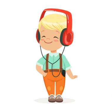 Küçük çocuk kulaklık müzik dinlemek gülümseyen, renkli çizgi film karakteri vektör çizim