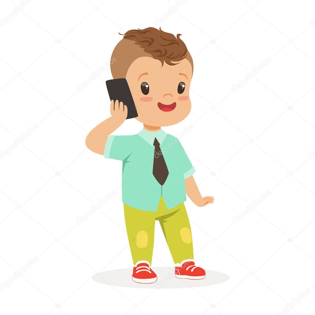Cute little boy standing and talking on mobile phone. Child and modern technology colorful cartoon character vector Illustration
