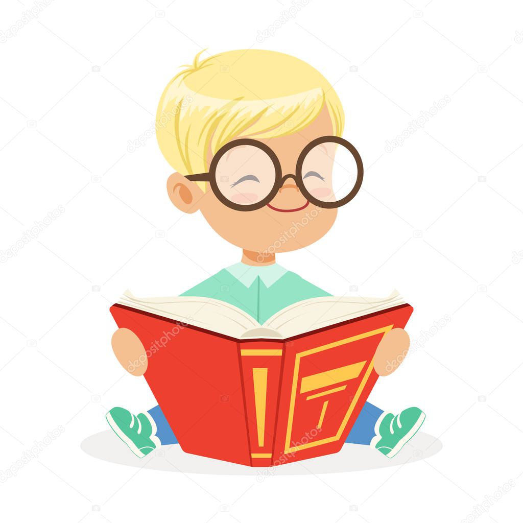 Cute little towheaded boy wearing glasses sitting on the floor and reading a book, colorful cartoon character vector Illustration