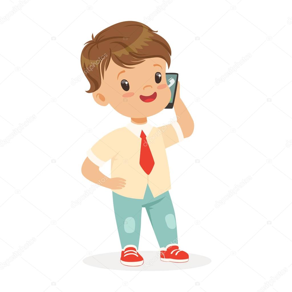 Smiling little boy standing and talking on smartphone. Child and modern technology colorful cartoon character vector Illustration