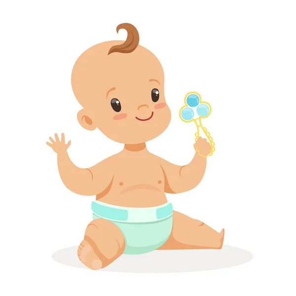 Doce bebê sentado e brincando com chocalho, colorido desenho animado personagem vetor Ilustração —  Vetores de Stock