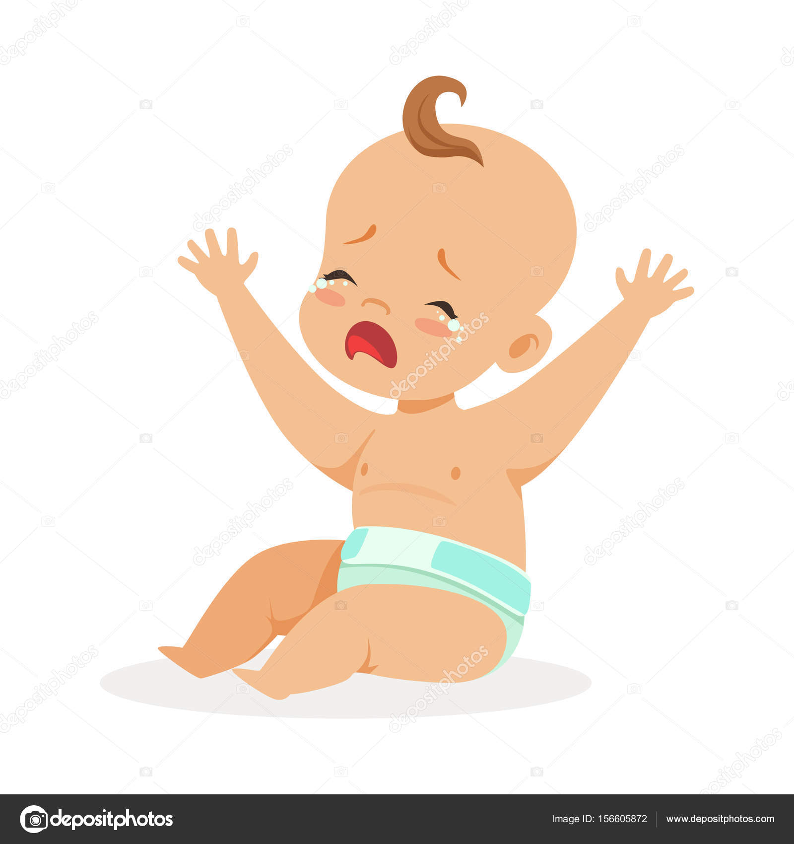 Doux Petit Bebe Dans Une Couche Assise Avec Ses Mains Levees Et Pleurant Vecteur De Personnage De Dessin Anime Colore Illustration Image Vectorielle Par Topvectors C Illustration