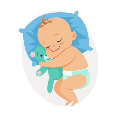 Tatlı küçük bebek yatağında uyuyan ve oyuncak ayı, renkli karikatür karakter vektör çizim sarılma