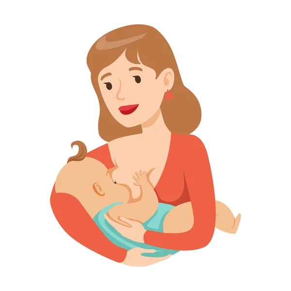 Jonge moeder borstvoeding haar baby met moedermelk, kleurrijke cartoon karakter vector illustratie — Stockvector