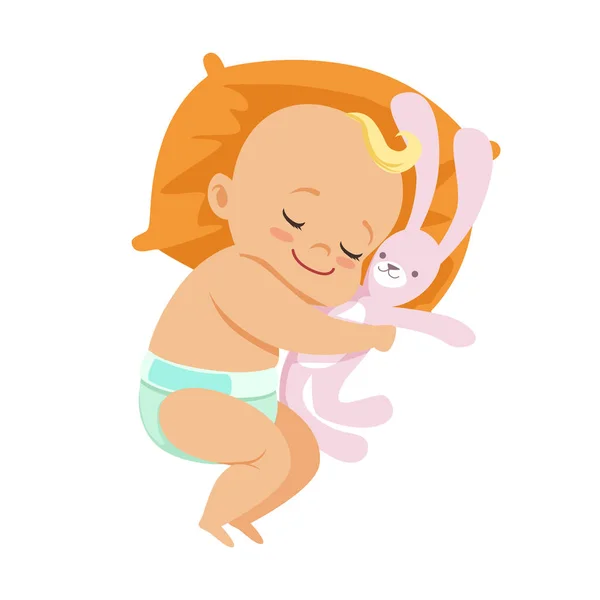 Adorable bebé en un pañal durmiendo y abrazando a su liebre de juguete suave, colorido personaje de dibujos animados vector Ilustración — Vector de stock