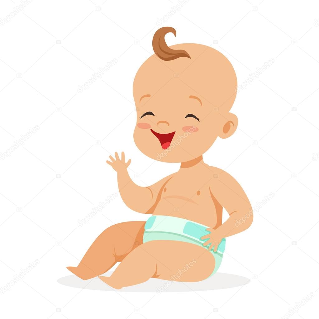 Sweet little baby in a diaper sitting and laughing, colorful cartoon character vector Illustration