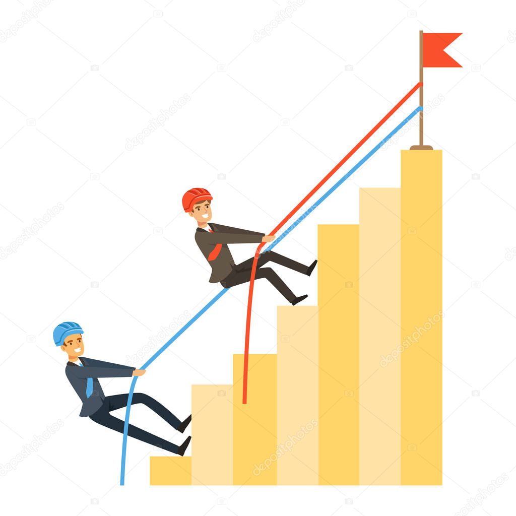 Two businessmen climbing bar graph of success, business competition vector Illustration