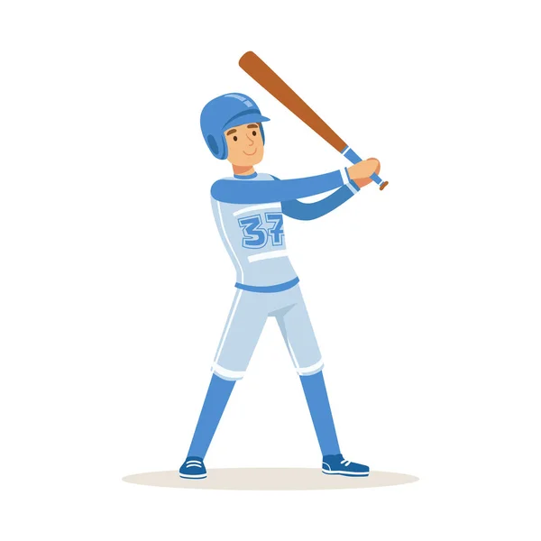 Baseball speler in blauw uniform klaar om te raken van de bal vector illustratie — Stockvector