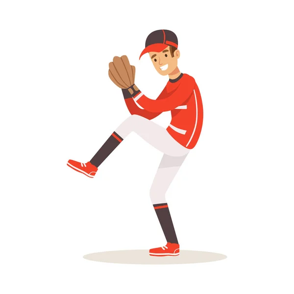 Basebollspelare i röd uniform pitching vektor Illustration — Stock vektor
