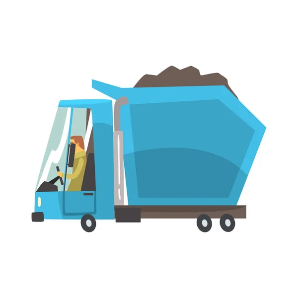 Blue heavy duty dump truck with coal, freight transport cartoon vector Illustration — Stock Vector