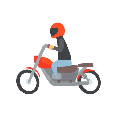 Adam bir motosiklet karikatür vektör çizim sürme kask içinde