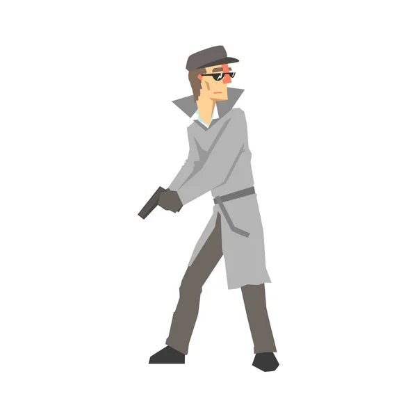 Detective karakter met een pistool. Prive-detective, inspecteur of politiefunctionaris vector illustratie — Stockvector