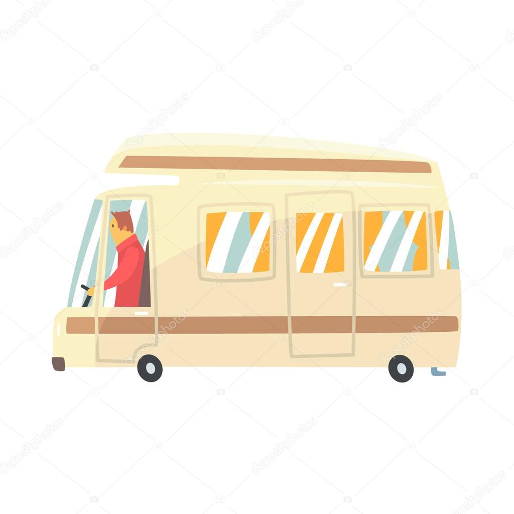 Vintage cartoon travel minibus. Camper van vector Illustration