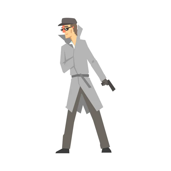Personaje detective con pistola, detective seguro en el vector de búsqueda de abrigo gris Ilustración — Archivo Imágenes Vectoriales