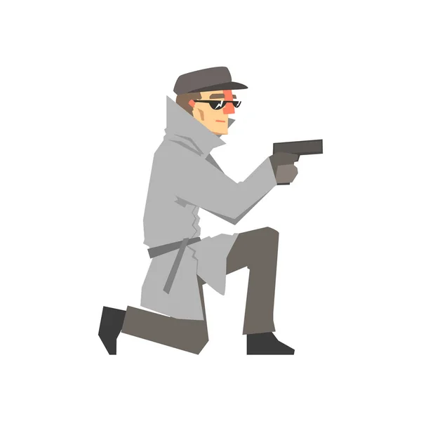 Personaje detective en un abrigo gris apuntando a un arma de rodillas, investigador privado, inspector o policía vector de policía Ilustración — Vector de stock