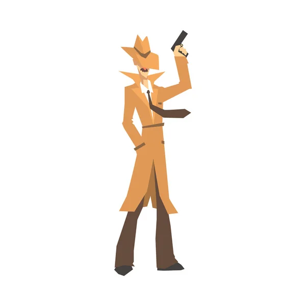 Un détective en manteau marron tenant son arme. Détective privé, inspecteur ou policier vecteur Illustration — Image vectorielle