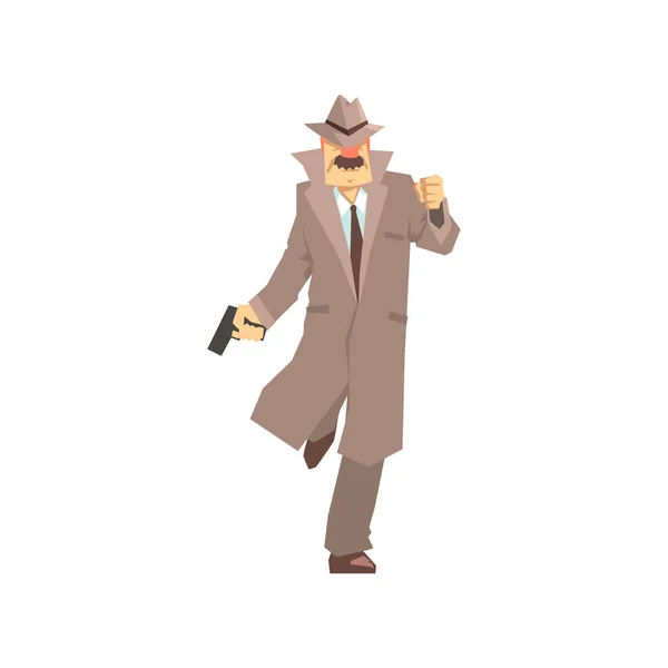 Detective personaje corriendo con arma. Investigador privado, inspector o policía vector Ilustración — Archivo Imágenes Vectoriales