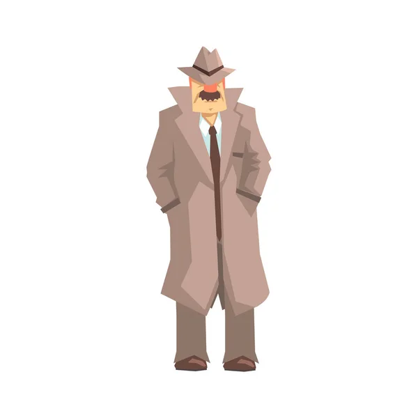 Personaje detective de pie, investigador privado, inspector o policía vector Ilustración — Vector de stock