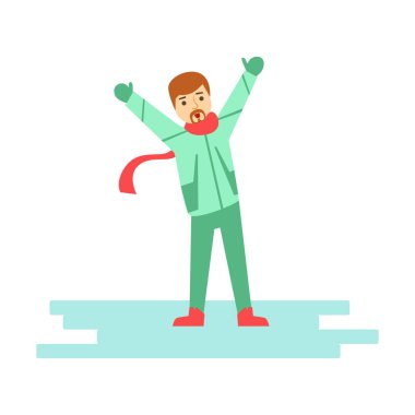 Mutlu genç adam kış tatil tatil dışında sırasında eğleniyor. Kış etkinliği renkli karakter vektör çizim