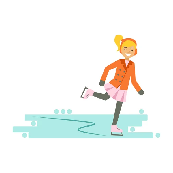 Lachende meisje genieten van schaatsen op ijs. Winter activiteit kleurrijke karakter vector illustratie — Stockvector