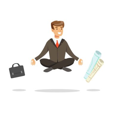 Genç işadamı Lotus poz ve meditasyon, Evrak Çantası'nı kağıt oturan ve onun etrafında uçan vektör çizim rulolar