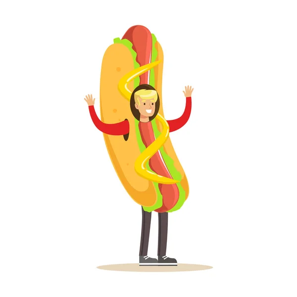 Uomo che indossa costume hot dog, fast food personaggio snack vettore Illustrazione — Vettoriale Stock