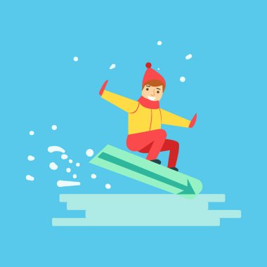 Mutlu çocuk snowboard tepeden aşağı kayar. Kış sporları renkli karakter vektör çizim