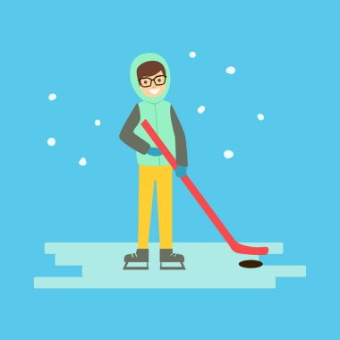 Mutlu çocuk Hokey sopası ve puck ile buz pateni. Kış etkinliği renkli karakter vektör çizim