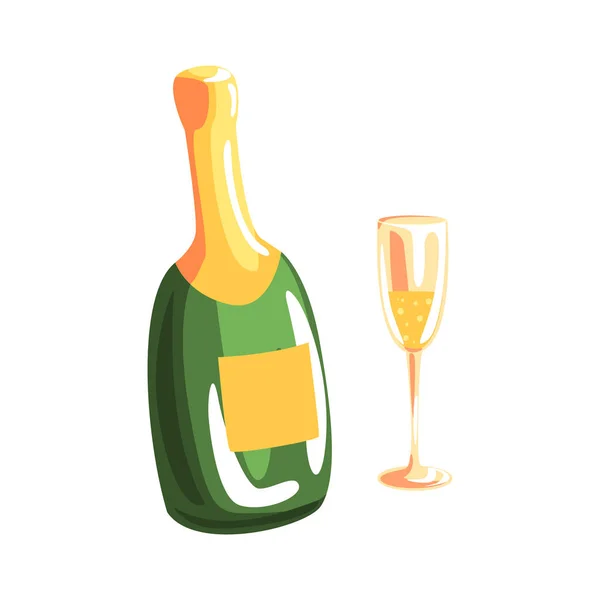 Flaska champagne och full champagneglas tecknade vektor Illustration — Stock vektor